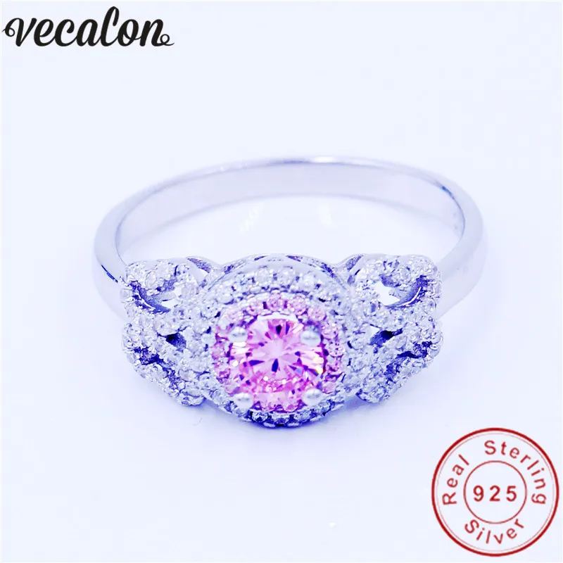 

Vecalon Flower Jewelry Genuine 100% Soild 925 Sterling Silver ring 1ct 5A Pink Zircon Engagement wedding Band ring for women men