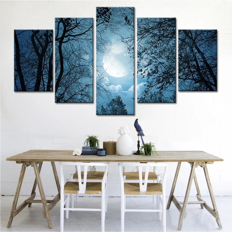 Blue Moon Night Scene Paintings Canvas Printing Wall Art Pictures No Frame 5 Pcs