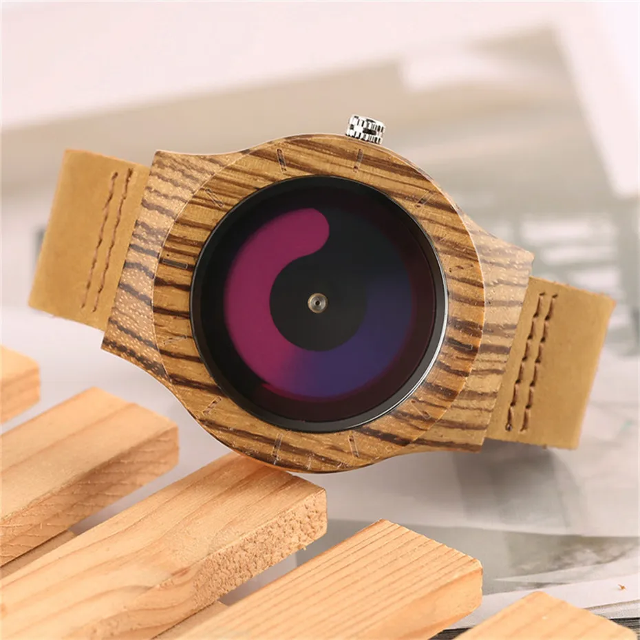 Creative Gradual Color Turntable Handmade Genuine Leather Band Strap Nature Wood Swirl Dial Quartz Wrist Watch Male Sports Clock (23)