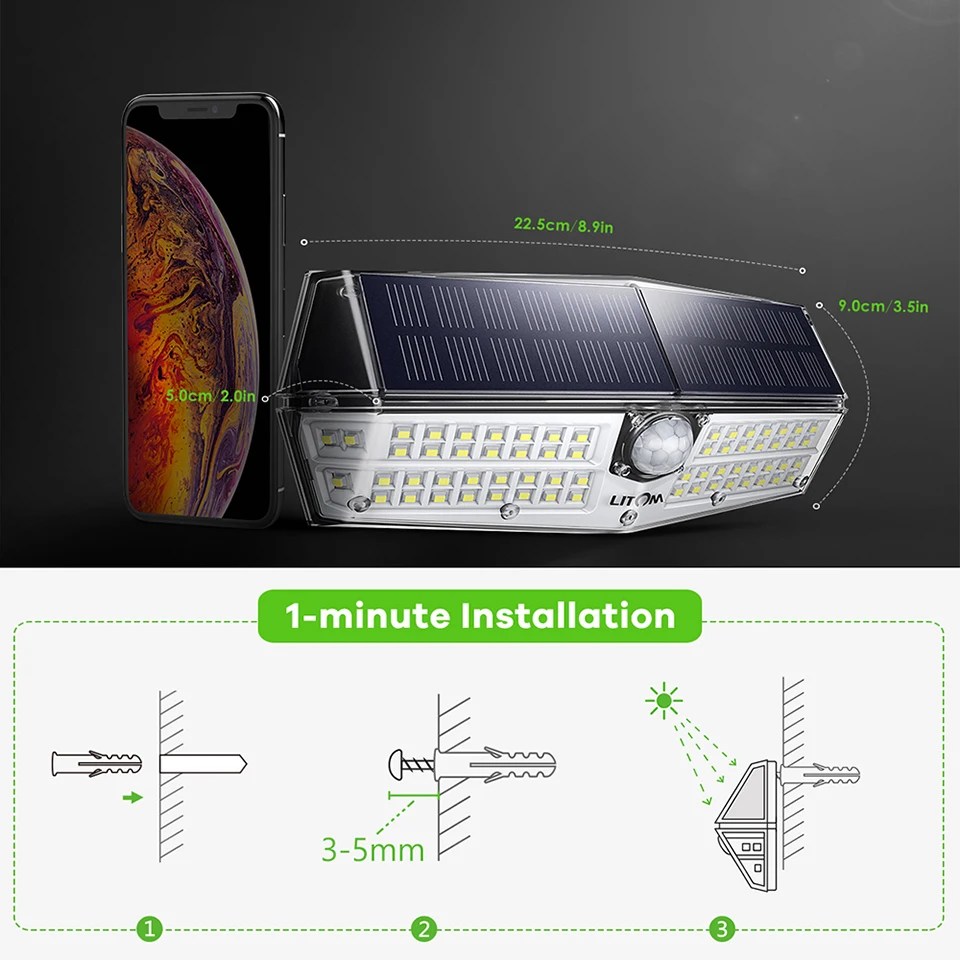 Litom CD175 3 Adjustable Light Modes 66 LED Bright Solar Powered Outdoor Lights (6)