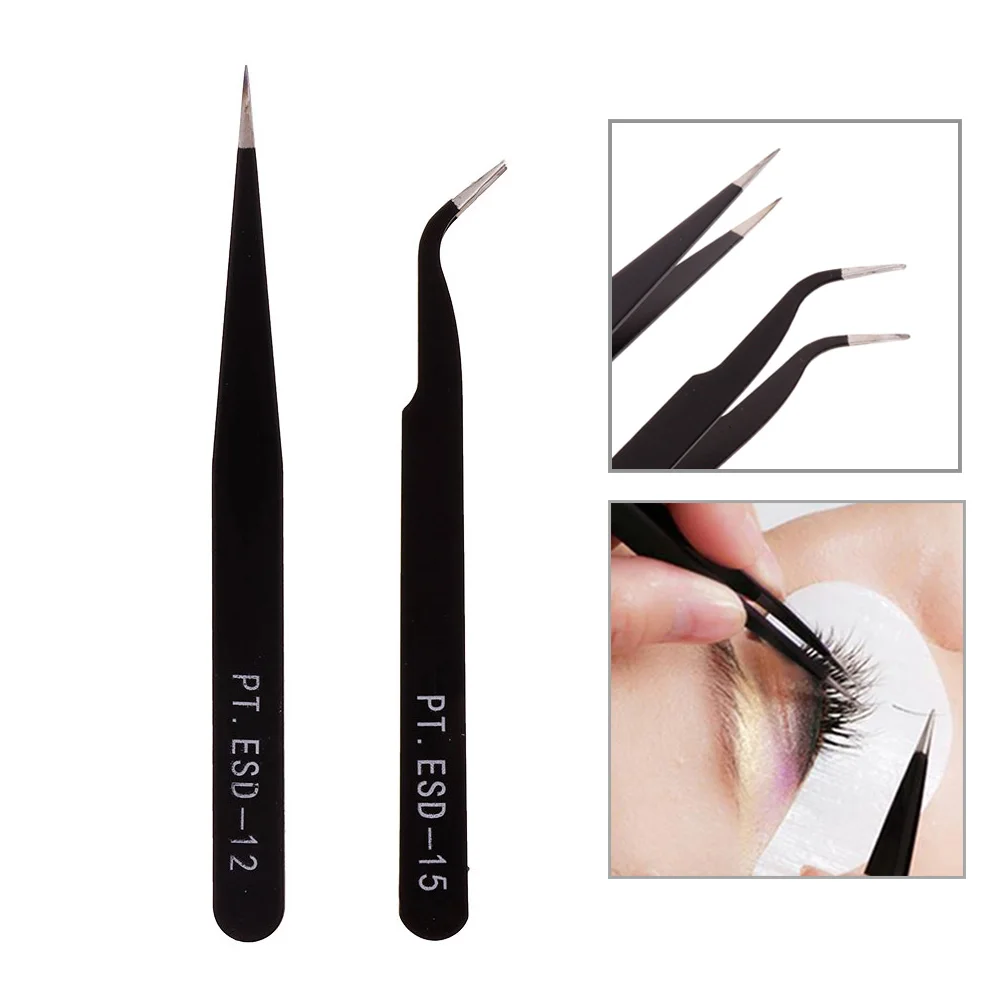 

2pcs/lot Stainless Steel Eye Lashes Black Tweezers False Fake Eyelash Extension Nippers Pointed Clip Set Makeup Tool