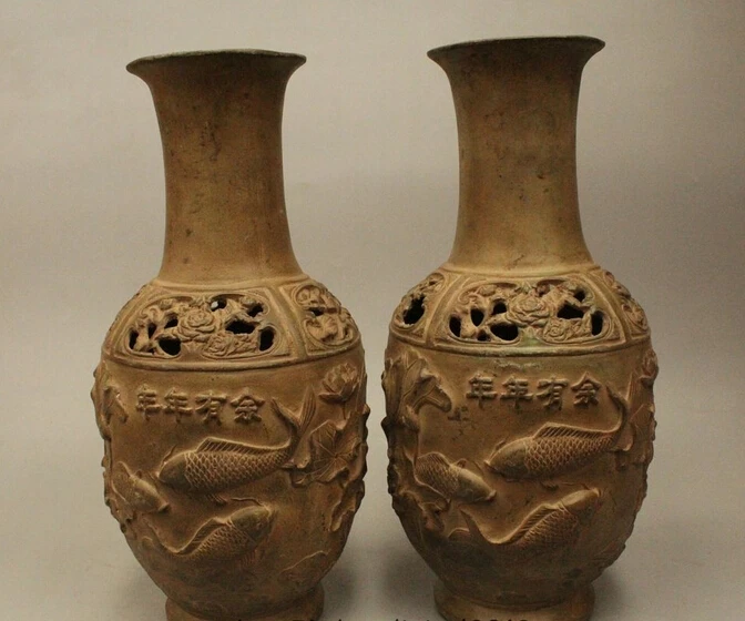 

wholesale factory 13" China Dynasty Bronze Fish Lotus Flower cyprinoid Boat Bird Bottle Vase Pair