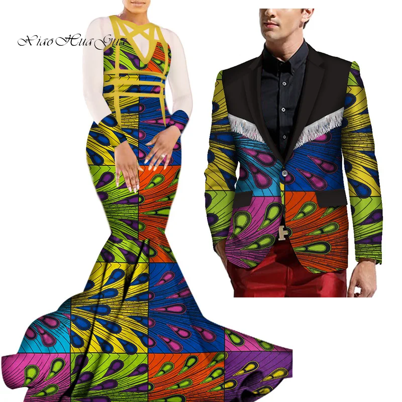 African Mermaid Bazin Riche Dresses for Couples Dashiki African Couple Clothing Women's Dress+Men's Blazer 2 Pieces Set WYQ275