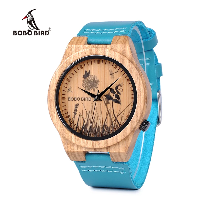 

BOBO BIRD LP20-6 Landscape reloj mujer Watch Men Quartz Watch Zebra Wood Erkek kol saati Blue Leather Strap Clock Customized