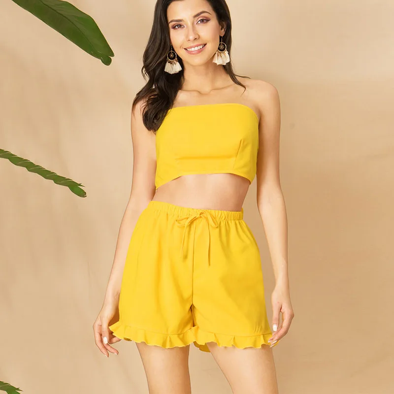 

Yellow Women Suits Lace Up Strapless Tops And High Waist Straight Shorts Women Sets Summer Backless Vacation Bow Tie 2 Piece Set