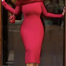 Высокое качество Красный Черный Слэш шеи кожаный меховой воротник вискоза Бандажное платье H вечерние облегающее платье