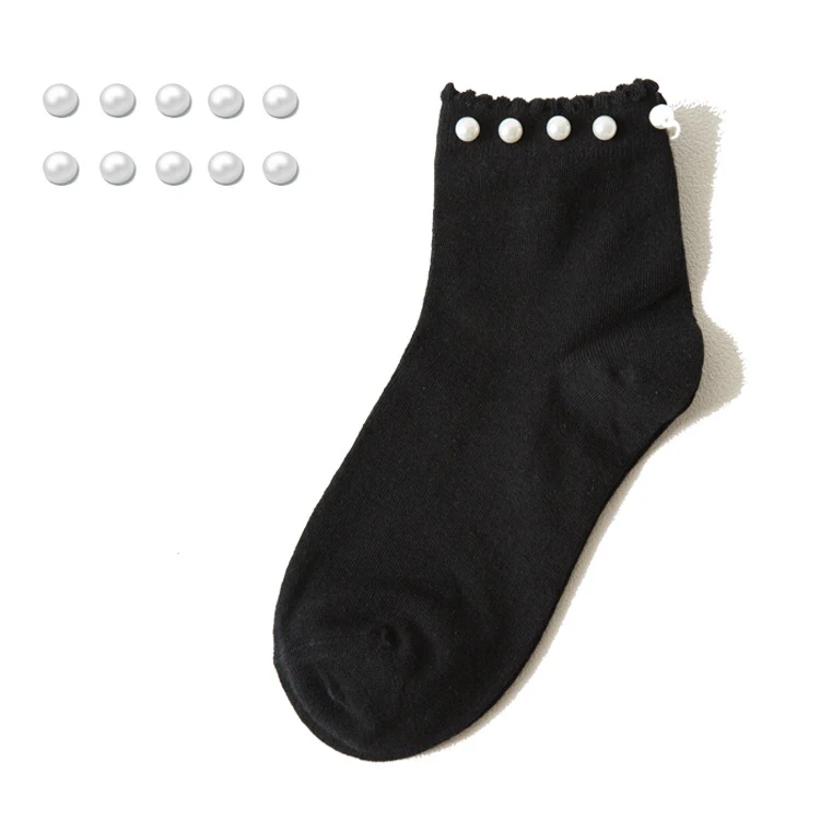 Новые хлопковые милые носки, инкрустированные жемчужинами, женские черно-белые свадебные носки, женские японские корейские модные короткие женские пикантные носки - Цвет: 1 Bar black