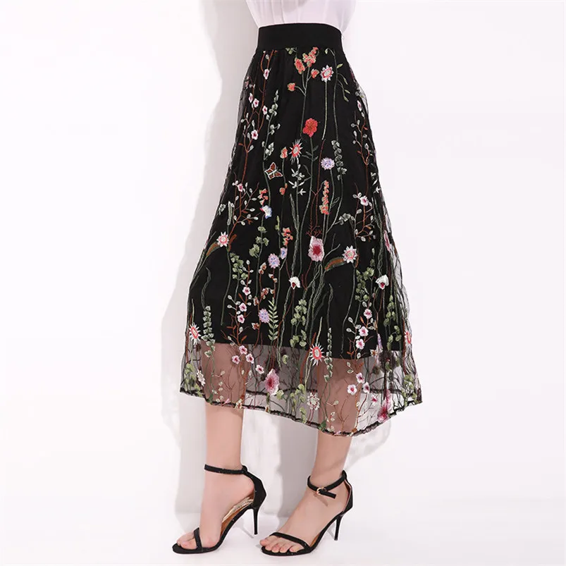 Women Ladies 2019 Summer Fashion Elegant Ladies Sexy Mesh Embroidered Waterweed Black Floral Plus Size Pleated mesh Skirt R24 (5)