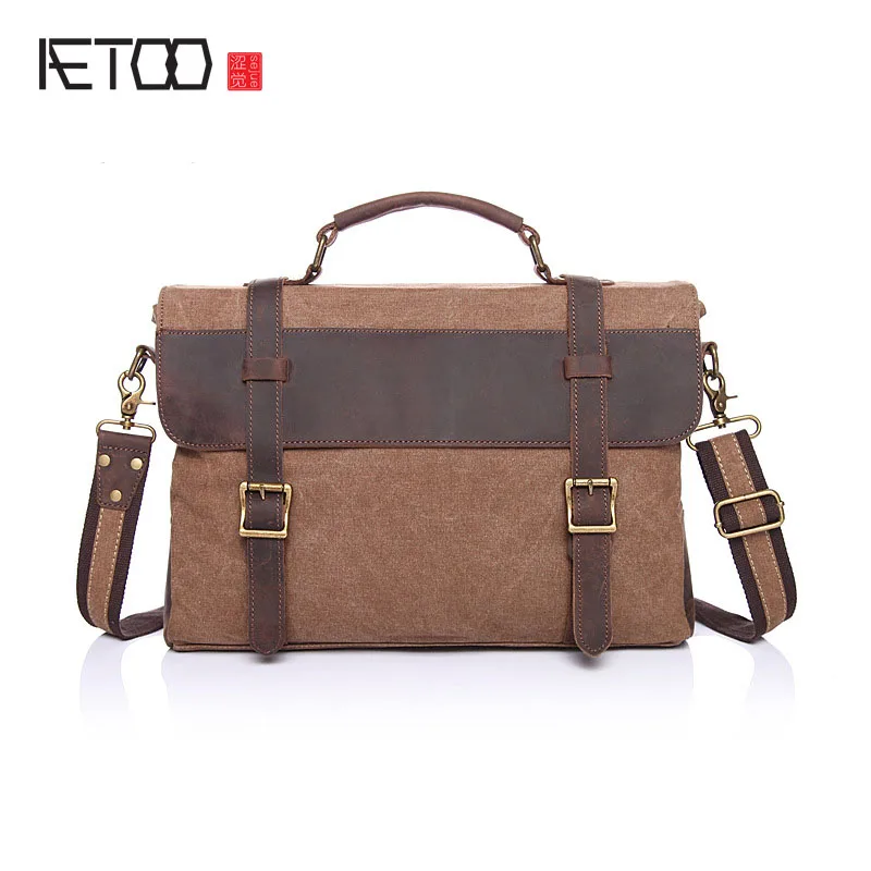 

AETOO Canvas bag with the first layer of crazy horse leather leisure package Europe and the United States retro single shoulder