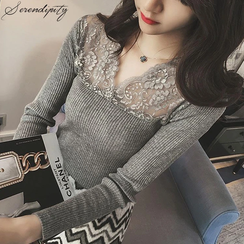 

SRDP Floral Lace Grey Sexy Knit Pullover Women Winter Autumn V Neck Sweater Slim Sweet Cotton Long Sleeve Black Shirt Sweater