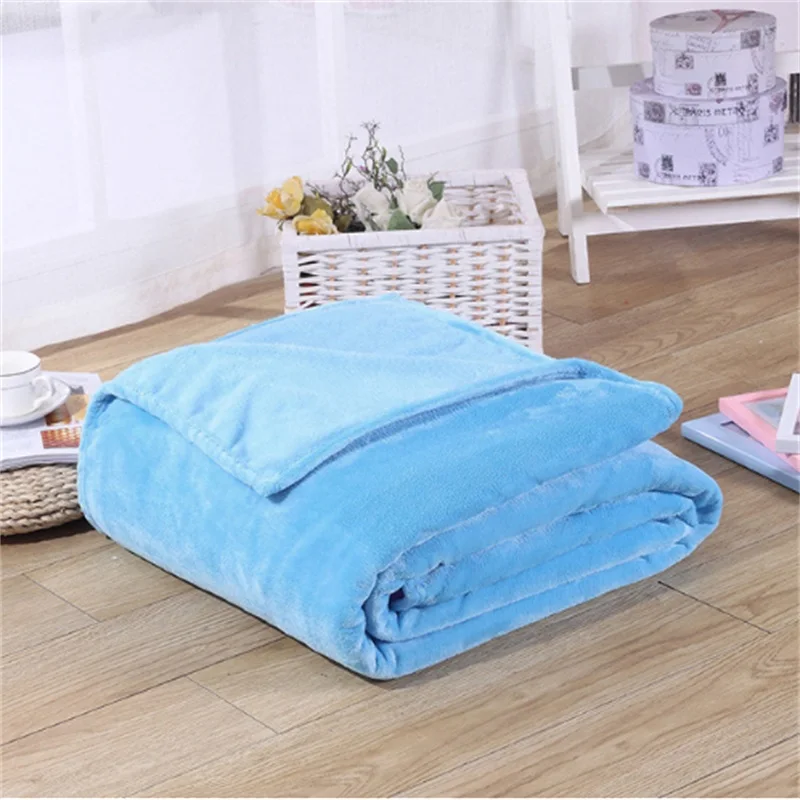 Super Soft Coral Fleece Blanket 220gsm Light Weight Solid Pink Blue Faux Fur Mink Throw Sofa Cover Bedspread Flannel Blankets - Цвет: Sky blue