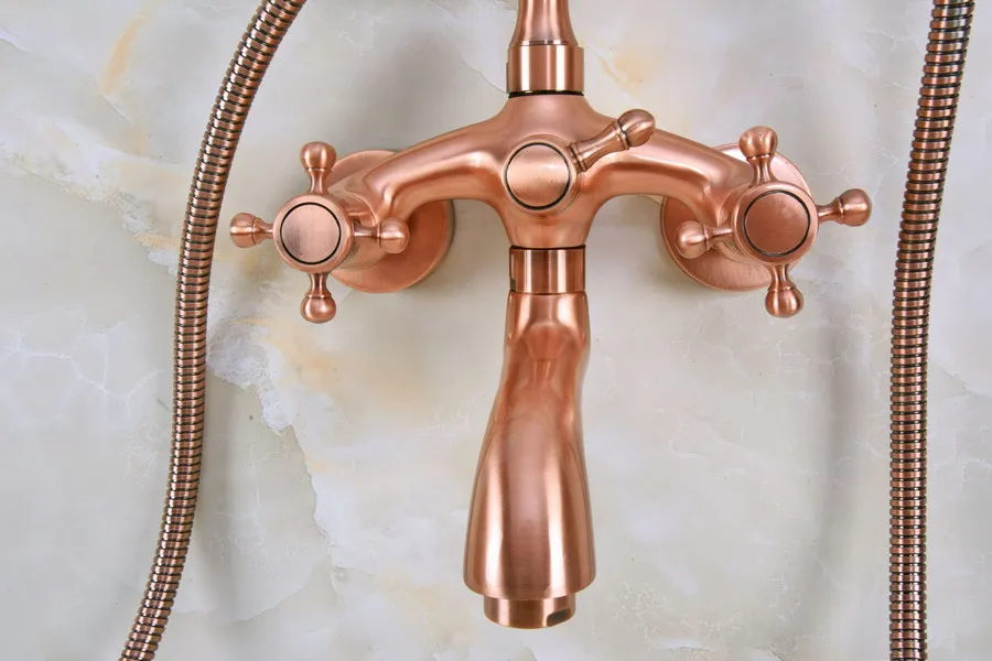 Antique Red Copper Wall Mounted Bathroom Tub Faucet Dual Cross Handles Telephone Style Hand Shower Clawfoot Tub Filler ana371