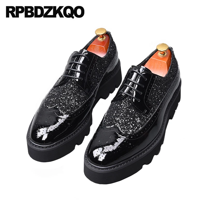 

Wingtip European Chic Creepers Brogue Black Glitter Shoes Real Leather Square Toe Party Platform Men Sequin Dress Patent Oxfords