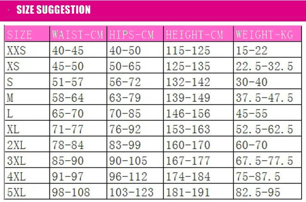 HXBY SIZE TABLE