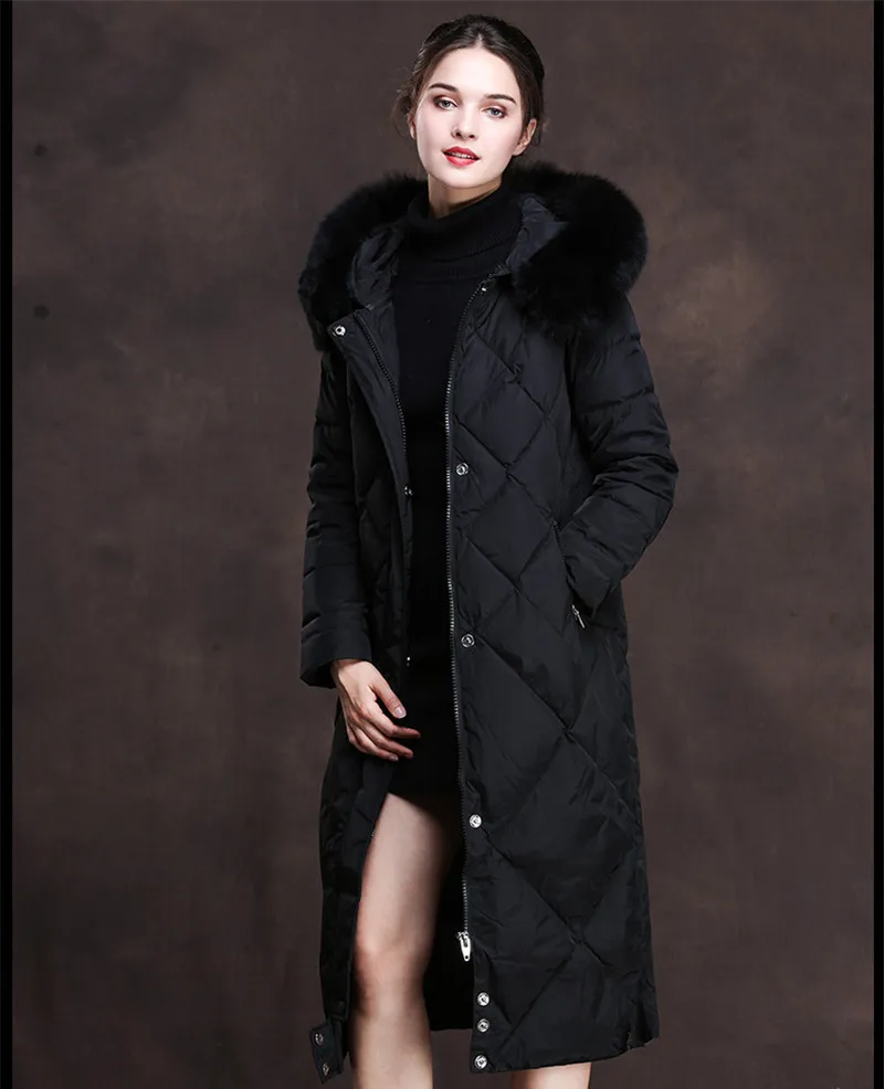 AYUNSUE/Женская куртка на утином пуху с воротником из лисьего меха; зимнее пальто; женские куртки с капюшоном; женские длинные парки с подкладкой; Casacos WXF322 - Цвет: black