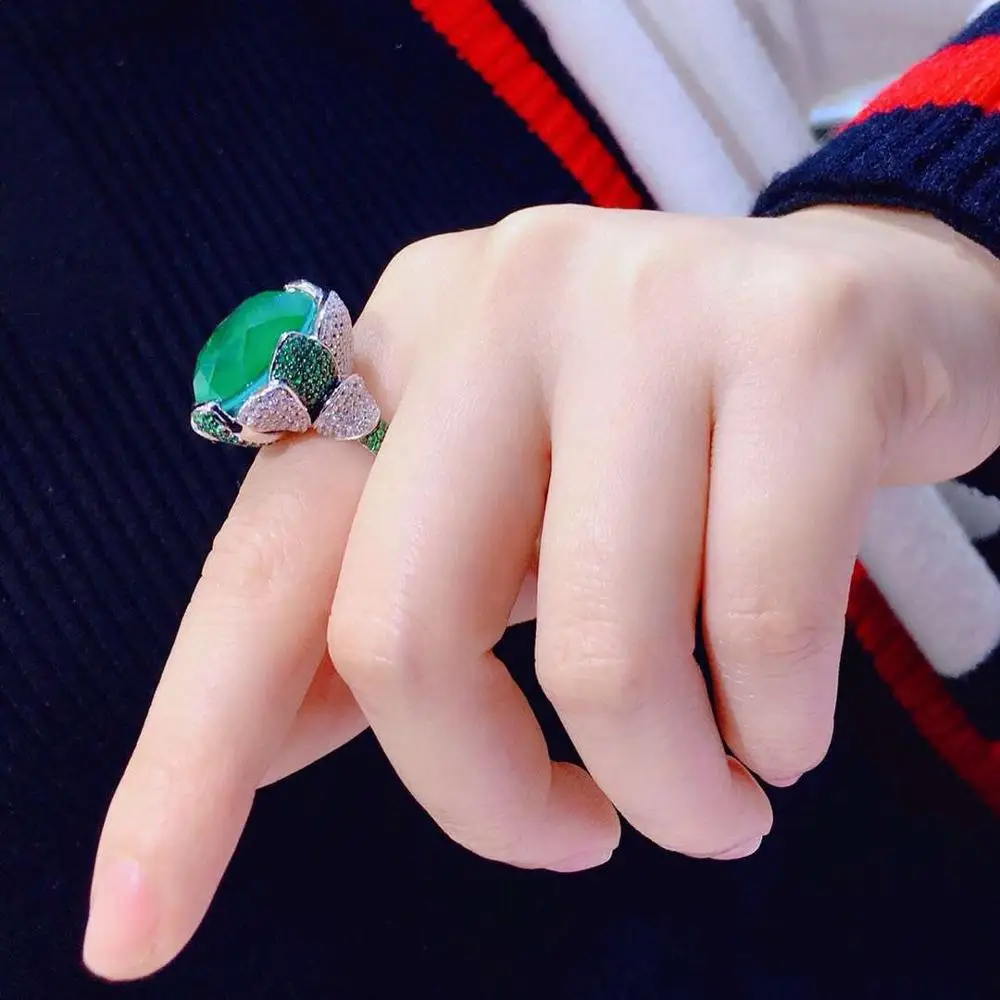 Qi Xuan_Vintage Oval Green Ring Female S925 Silver Plated White Gold Inlaid Foreign Imported Banquet | Украшения и аксессуары
