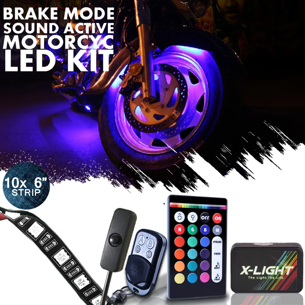 US $57.99 XLIGHT 10pc 3into1 Motorcycle Smart LED Light Strip Body Kit MultiColor Accent wSwitch for Cruisers Brake Mode Music