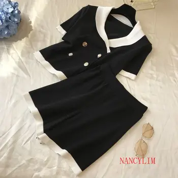 

Summer Pure Color V-collar Sweet Double-breasted Ice Silk Top Womens + Rubber High-waist Shorts Office Lady Suit Two-piece Set
