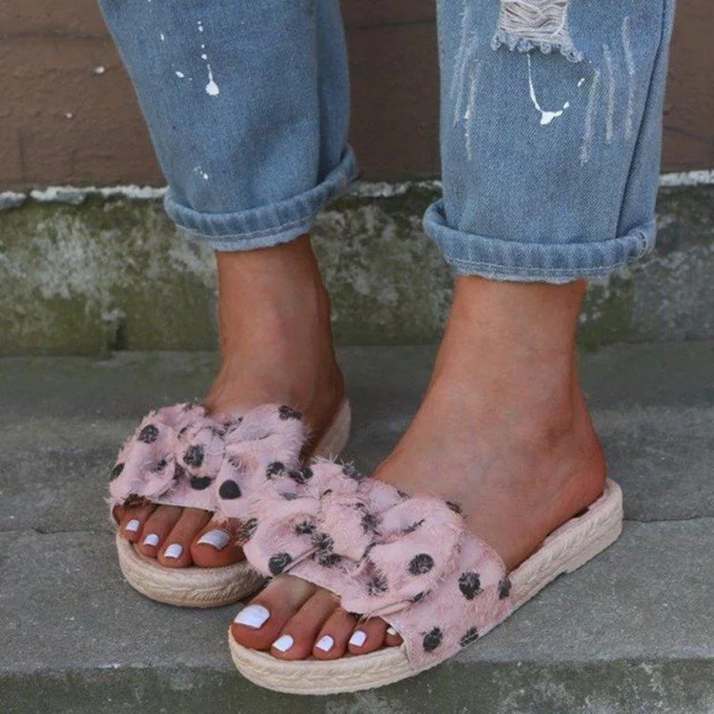 

LOOZYKIT 2019 Knot Bow Women Slippers Flat Slides Sandals Weaving Flax Casual Shoes Ladies Open Toe Dots Print Beach Flip Flops