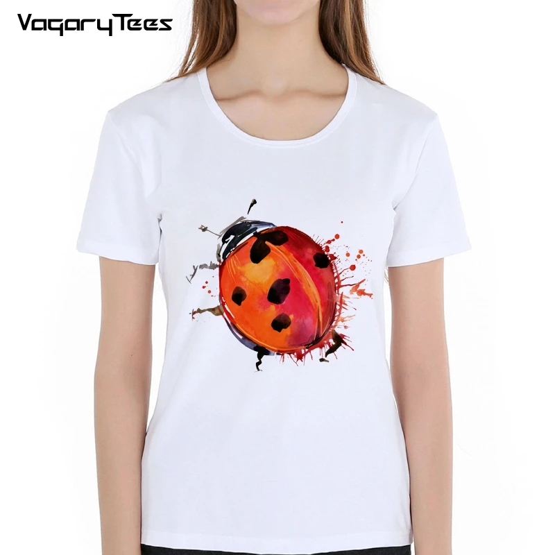 

2019 Women T Shirt Hand-Painted watercolor Red Ladybug casual Short Sleeve O Neck Tshirt Tees Boys Girls Funny T-shirt For women