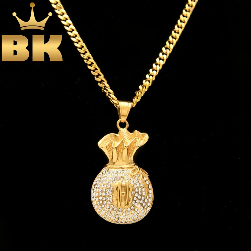 

Gold Color Iced Out Micro Pave Set Cz Glitter Cash Money Bag $ Pendant Stainless Steel 30" Cuban Chain Hip Hop Necklace