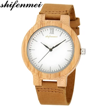 

S5512 Men's Wood Watch Simple Pure Analog Bamboo Wooden Clock Man Genuine Leather Watchs Men Watches Luxury Quartz wristwatch