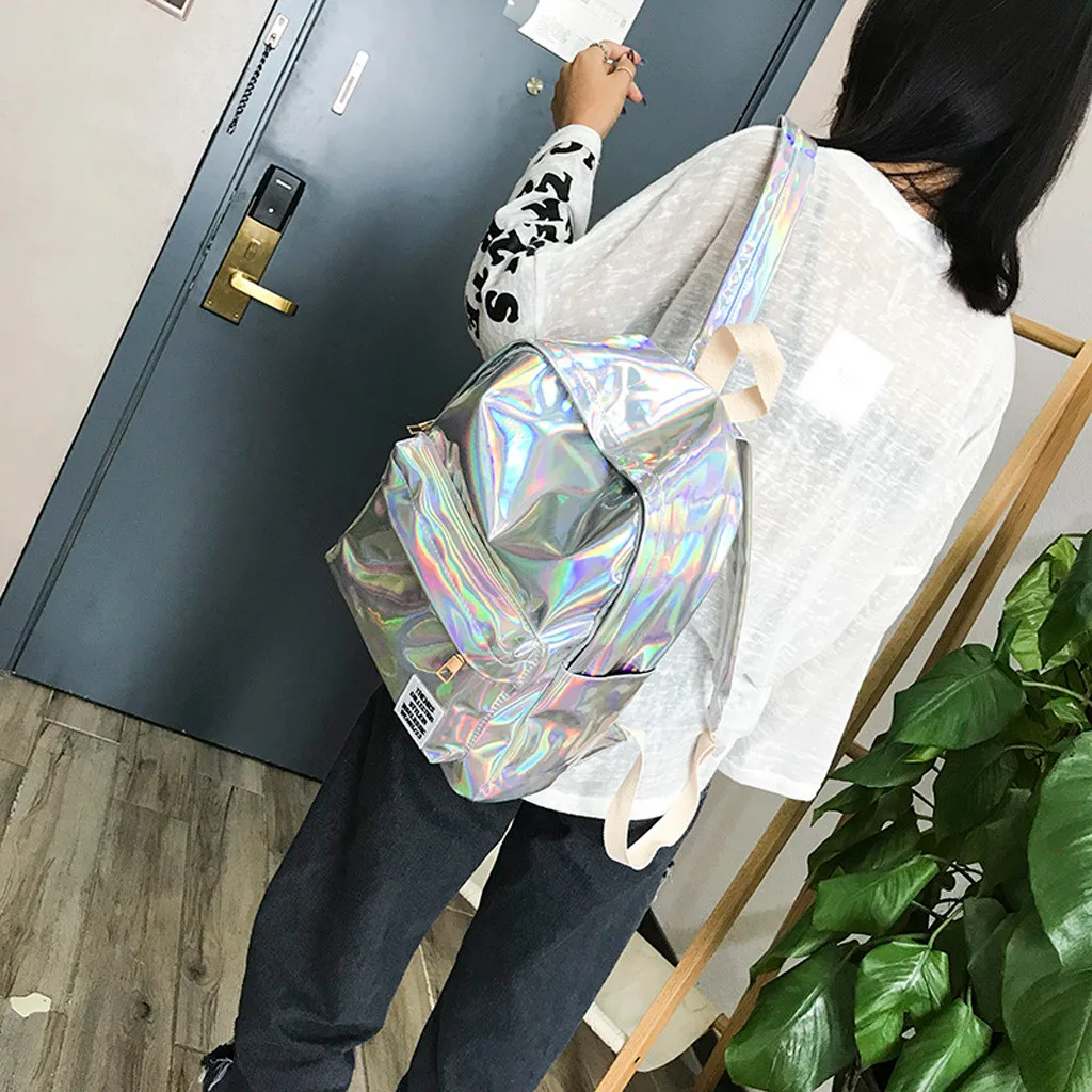 Женский рюкзак, дорожные сумки, серебристый лазерный рюкзак для женщин и девушек, сумка через плечо из искусственной кожи, голографическая сумка Mochila