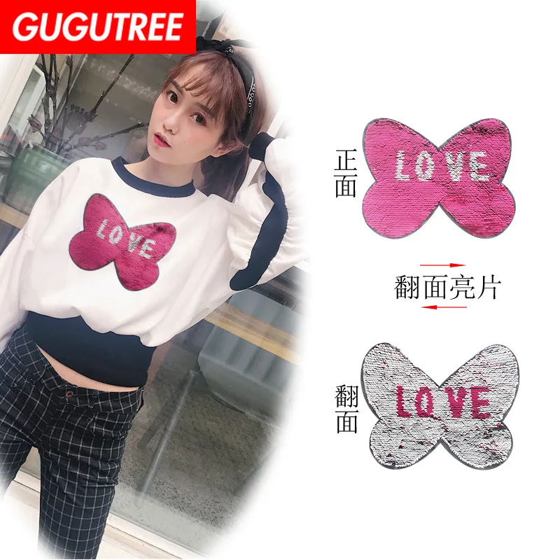 

GUGUTREE embroidery Sequins big bowknot patches love patches badges applique patches for clothing XC-146