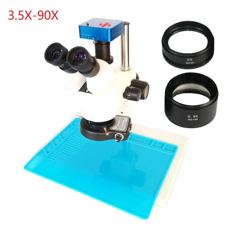 

3.5X 7X 45X 90X Trinocular microscope stereo +1080P 2K 2100W 21MP HDMI USB Digital Video Microscope Camera 144 Led lights +Mat