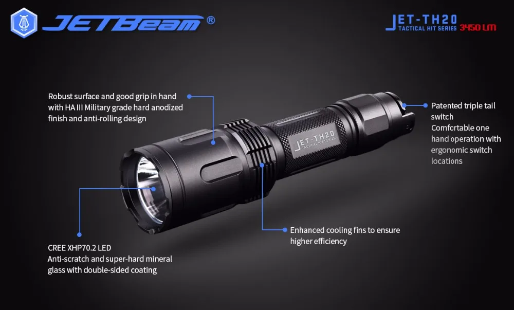 JETBeam TH20 светодиодный фонарик 3450 Люмен Cree XHP70 фонарик для самообороны с 1*18650 батареей