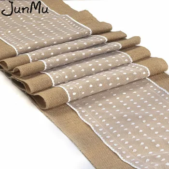 

30cm x 275cm Jute Vintage Burlap Table Runners For Wedding Decorations With Polka Dot Lace Party Banquet Home Table Supplies