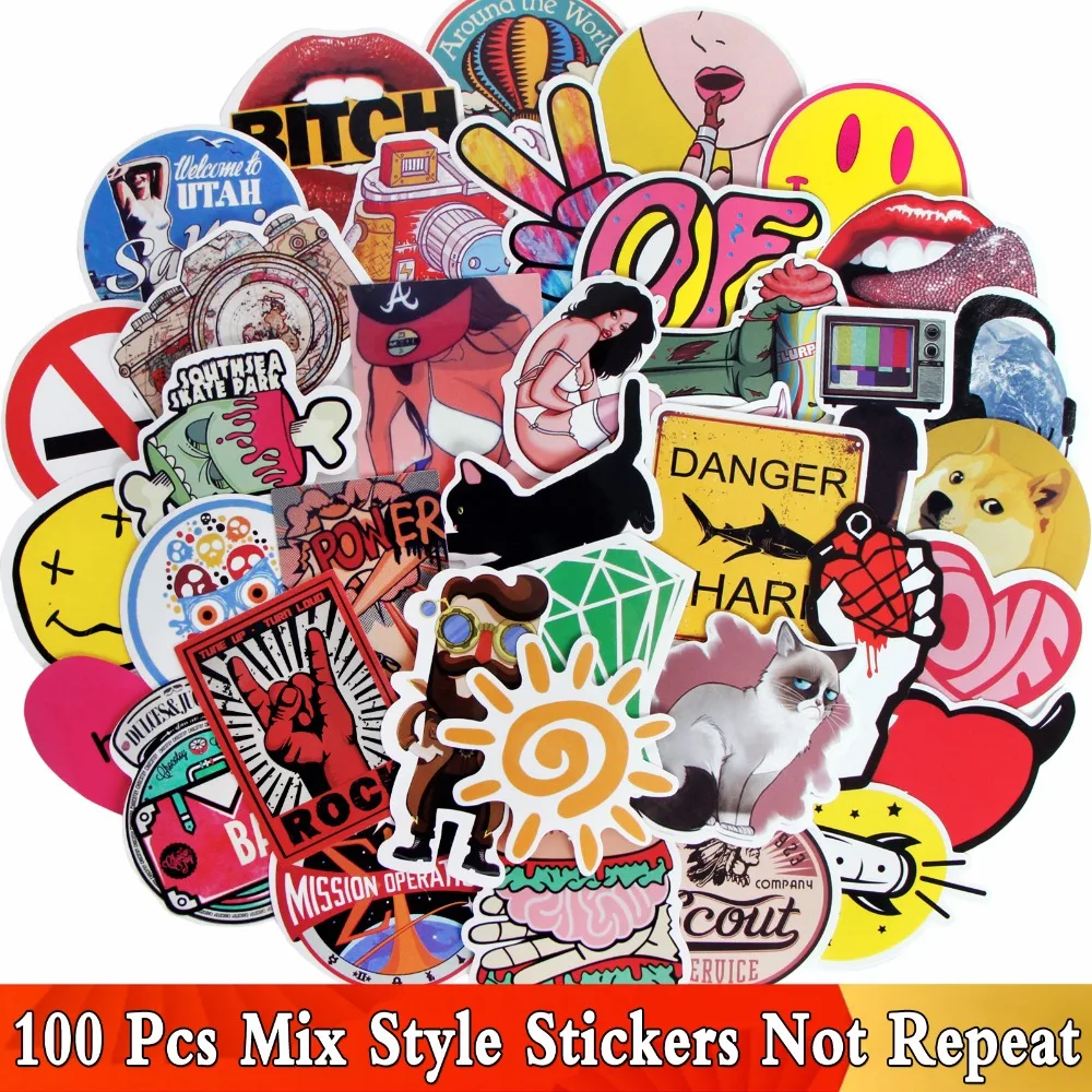 100 pcs Skateboard Stickers Graffiti Laptop Sticker Luggage Car Decals Mix Lot 