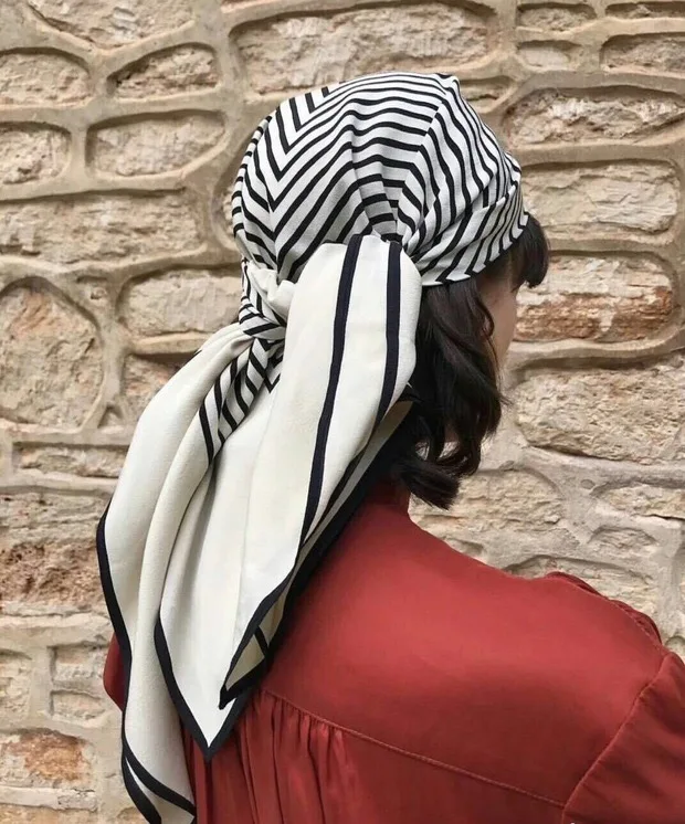 Черный, белый цвет полосатая бандана шарф Для женщин чистый саржа Шелковый шарф квадратный ободок лентой 90*90 см