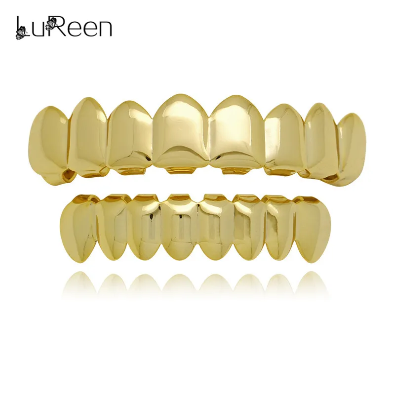 

LuReen Gold Teeth Grills Top & Bottom Tooth Grills Dental Cosply Grill Vampire Teeth Caps Body Jewelry Party Gift