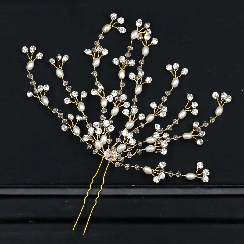 

Gold Color Pearl Crystal Twig Hair Pins Wedding Hair Jewelry Accessories Elegant Bridal Women Head Decoration Headwear