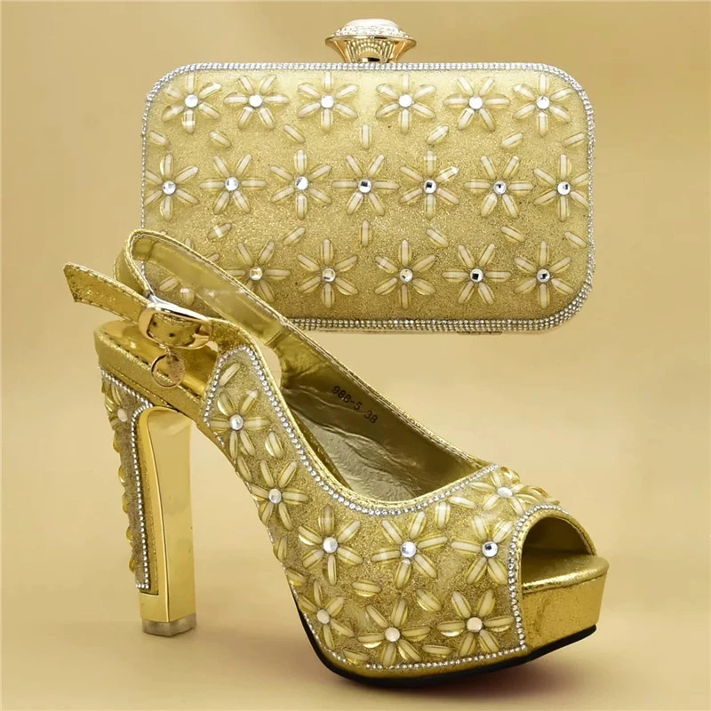 

African Shoe and Matching Bag Italian Nigerian Women Wedding Shoes and Bag Set Decorated with Rhinestone Bridal Shoes High Heels