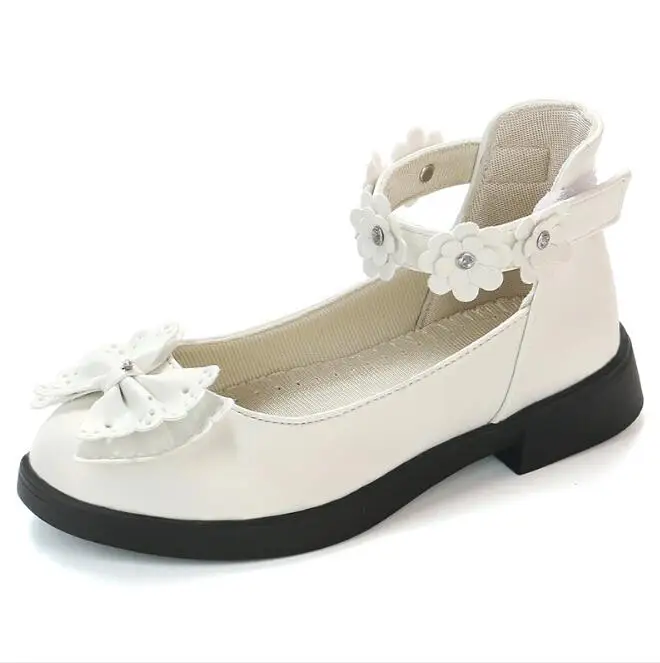 Новые осенние кожаные туфли для девочек; милые черные вечерние туфли принцессы; модная детская обувь на плоской подошве средней высоты - Цвет: Белый