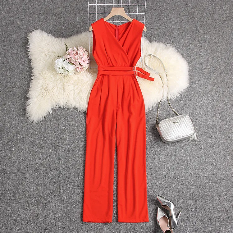 Sleeveless V-neck High Waist Sashes Wide Leg Jumpsuit