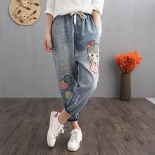 QPFJPD/летние свободные джинсы с дырками и вышивкой для девочек в стиле мори; женские повседневные хлопковые брюки с эластичной резинкой на талии; брюки с милым рисунком; сезон весна-осень