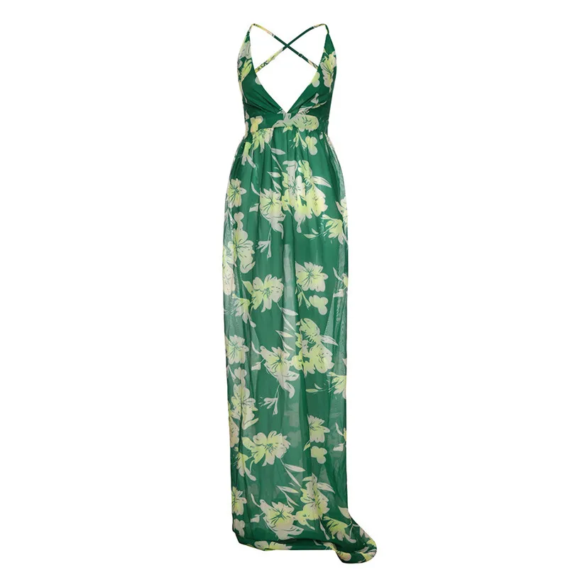 HOT summer dress 2018 beach dress Women Sexy Floral Printed V-Neck Sleeveless Chiffon Evening Party Long Dress vestidos J08#N (3)