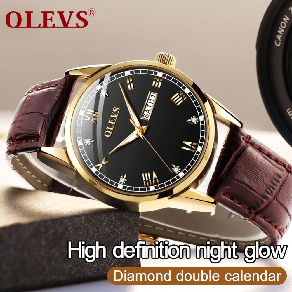 OLEVS, мужские часы, кожа, Роскошные, водонепроницаемые, 24 часа, дата, кварцевые часы, мужские, стразы, спортивные наручные часы, Relogio Masculino