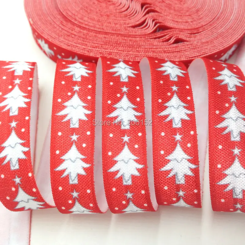 

New Arrival Quality 5/8" Christmas Tree Print Red Fold Over Elastic Christmas FOE Elastic Ribbon for Headwear Accessories 10yard