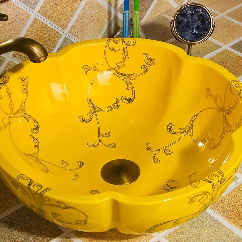 Round Flower shape Bathroom Lavabo Ceramic Counter Top Wash Basin Cloakroom Hand Painted Vessel Sink coloured bathroom basins (5)