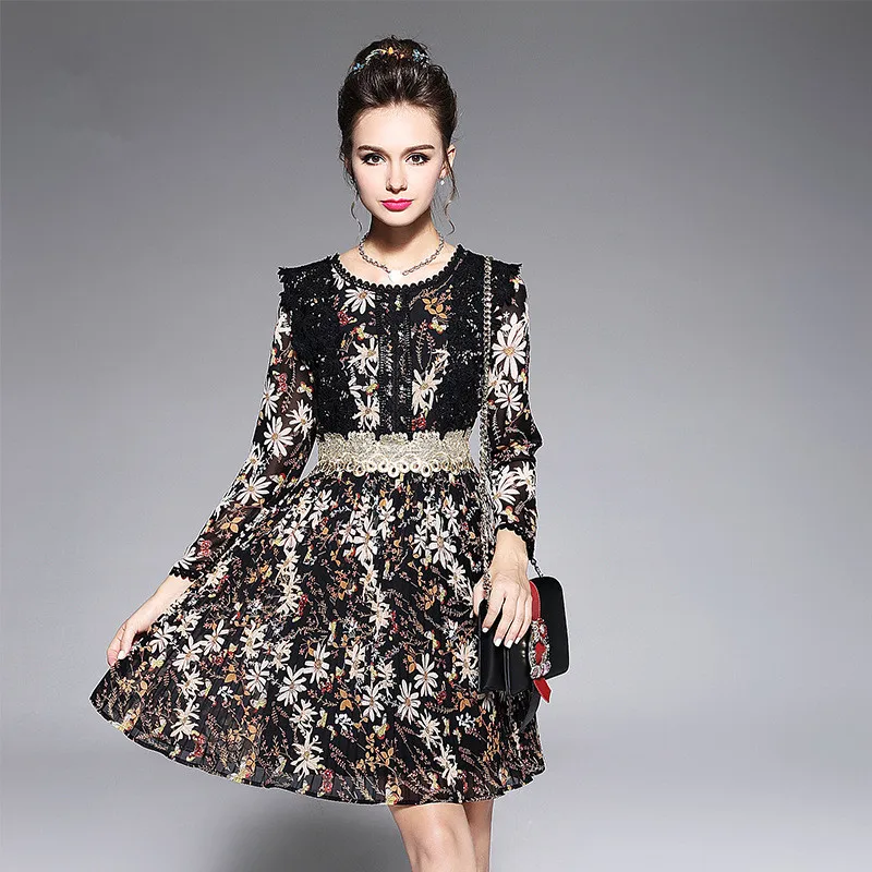 

AOFULI Brand L- 3XL 4XL 5XL Plus size Long sleeve Dress 2017 Autumn Women Lace Floral Print A-line Pleated Vintage Dresses