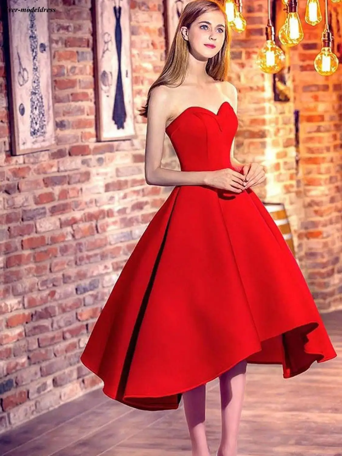 

Hi-Lo Red Prom Dresses Short Sweetheart Lace Up Back Tea-Length Satin Homecoming Dresses Vestidos De Festa Cheap Customized