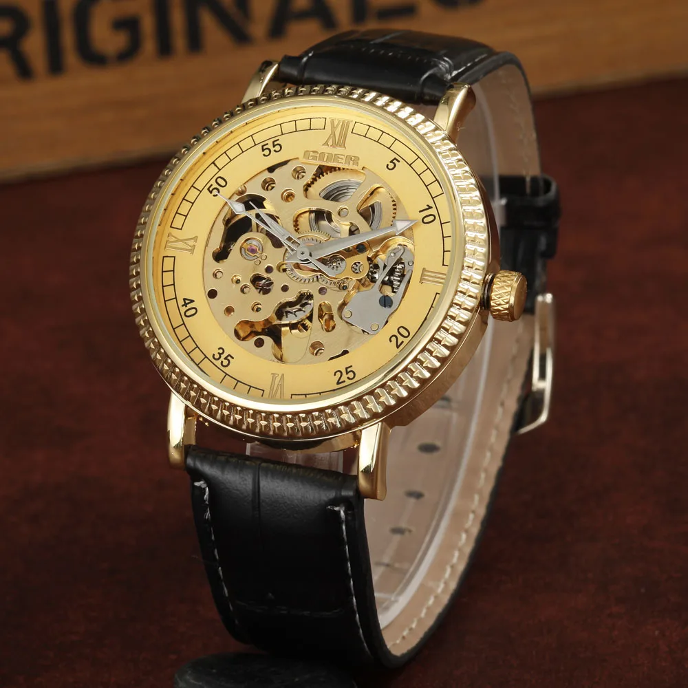

GOER Gold Mechanical Watches Men PU Leather Automatic Self-Wind Mechanical Skeleton Watch Men Luxury Watches Relogio Masculino