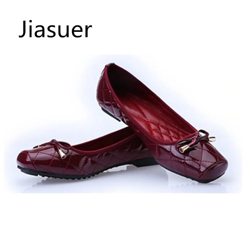 Meilleur Jiasuer Nouvelle Arrivée En Cuir Verni Plat Femmes Ballerines Chaussures Femmes plus la Taille 41 Noir Bout Carré Bowtie Chaussures Noir Pour Dame