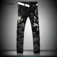 Individual Design Fashion Male Colored Drawing Straight Jeans Mens Denim Movie Characters Pattern Printed Jeans Black trousers