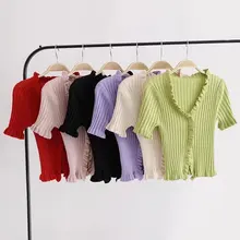 2019 Autumn Knit Sweater Female Women Ruffle Trim Crop Knit Cardigan With Short Sleeve Deep V Neck Crop Casual Jumper Pull Femme layered ruffle sleeve rib knit tee