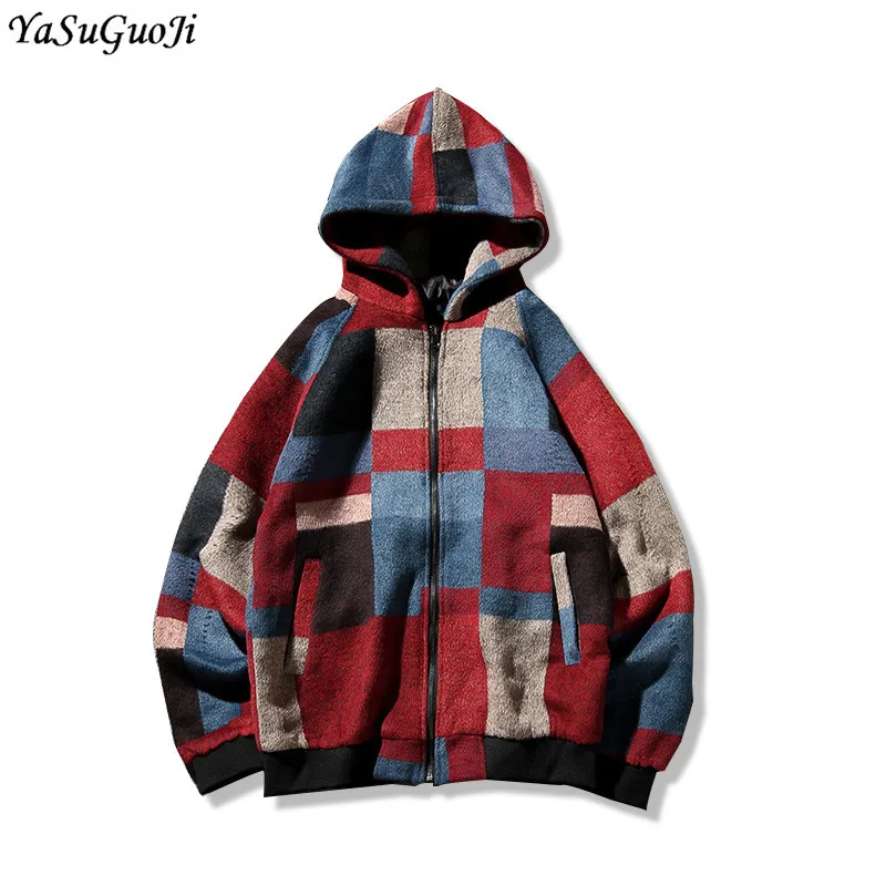 

New 2019 winter fashion contrast color plaid zipper closed jacket with hooded thick rib sleeve woollen coat manteau homme NDY19